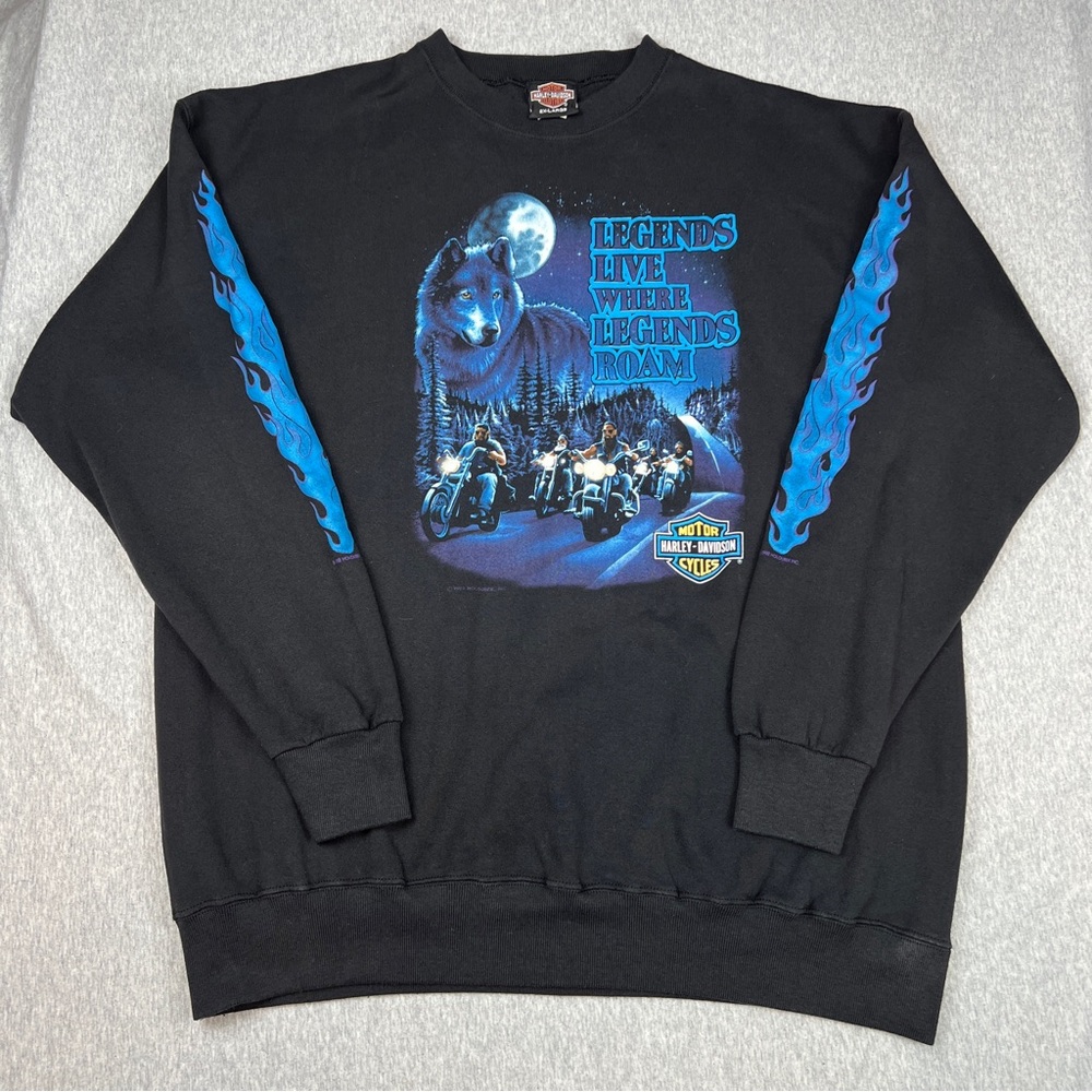 Vintage 1992 Harley Davidson Blue Flames Long Sleeve Crewneck Sweater Size 2XL